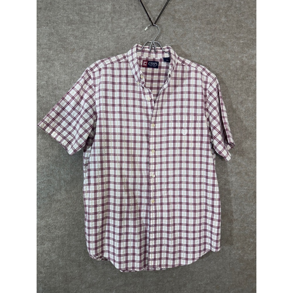 Chaps Button Down Shirt Mens Large Red Tan Plaid Short Sleeve Cotton Preppy